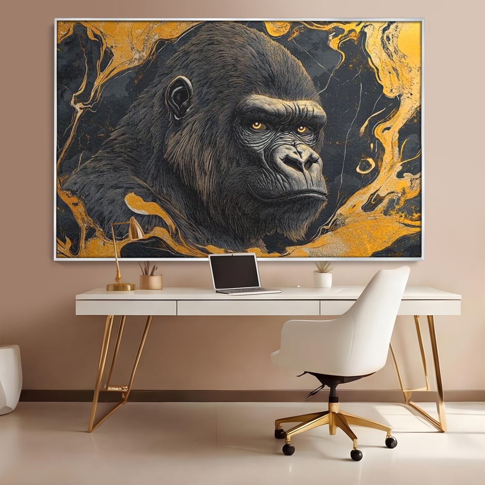 Tablou Canvas Premium, LuxCanva® M1327, Ecou Stravechi, Gorila, Primata, Putere, Auriu, Privire, Impunator, Arta Abstracta, Pictura, Bestie, Dominant, Birou, Living, Camera Copil