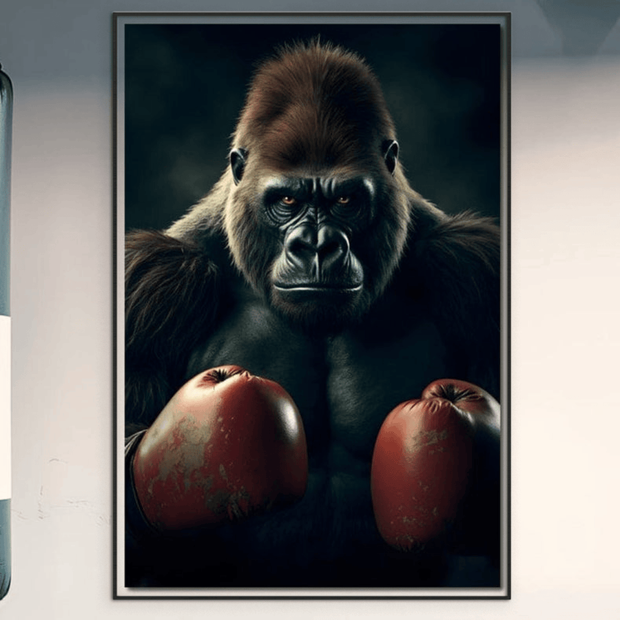 LuxCanva® Tablou Canvas Premium M1328 surprinde o gorilă boxer cu mănuși, Bestia cu Manusi, aducând arta îndrăzneață în birou, living sau camera copilului.
