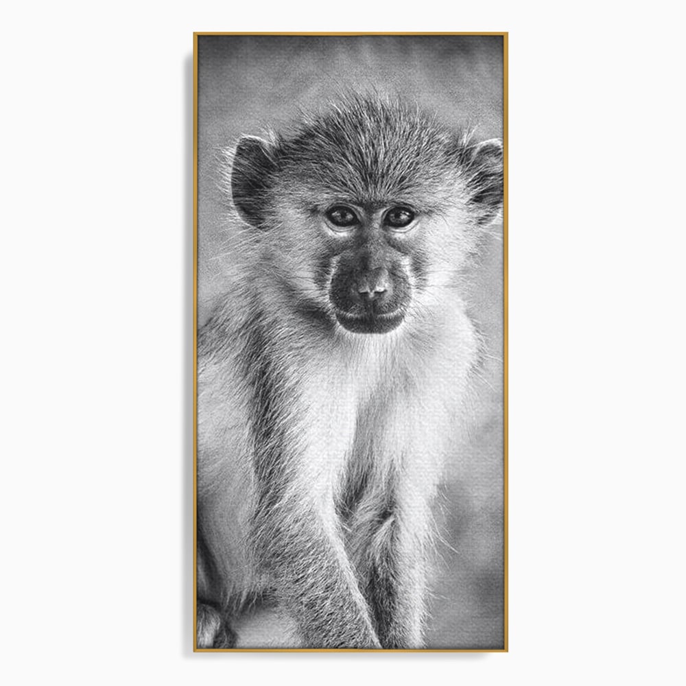 Tablou Canvas Premium, LuxCanva® M1329, Micul Gardian al Savanei, Maimuta, Alb si Negru, Jungla, Chip, Primata, Inocenta, Realist, Animal, Fotografie, Birou, Living, Camera Copil