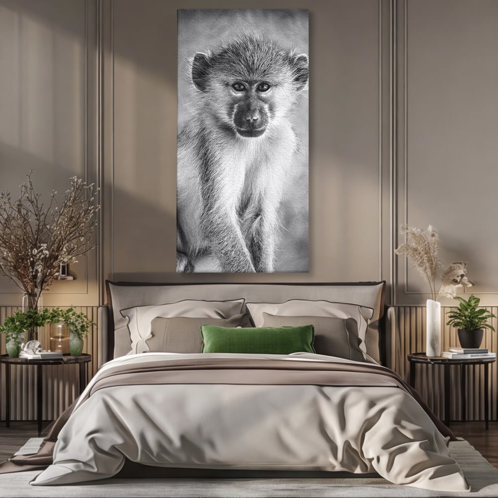 Tablou Canvas Premium, LuxCanva® M1329, Micul Gardian al Savanei, Maimuta, Alb si Negru, Jungla, Chip, Primata, Inocenta, Realist, Animal, Fotografie, Birou, Living, Camera Copil