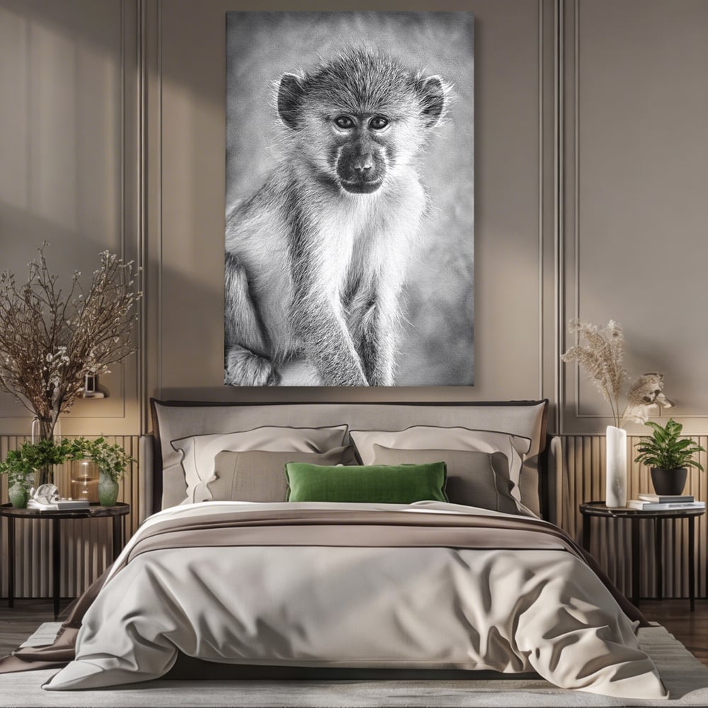 Tablou Canvas Premium, LuxCanva® M1329, Micul Gardian al Savanei, Maimuta, Alb si Negru, Jungla, Chip, Primata, Inocenta, Realist, Animal, Fotografie, Birou, Living, Camera Copil