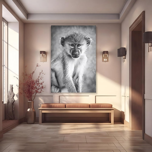 Tablou Canvas Premium, LuxCanva® M1329, Micul Gardian al Savanei, Maimuta, Alb si Negru, Jungla, Chip, Primata, Inocenta, Realist, Animal, Fotografie, Birou, Living, Camera Copil