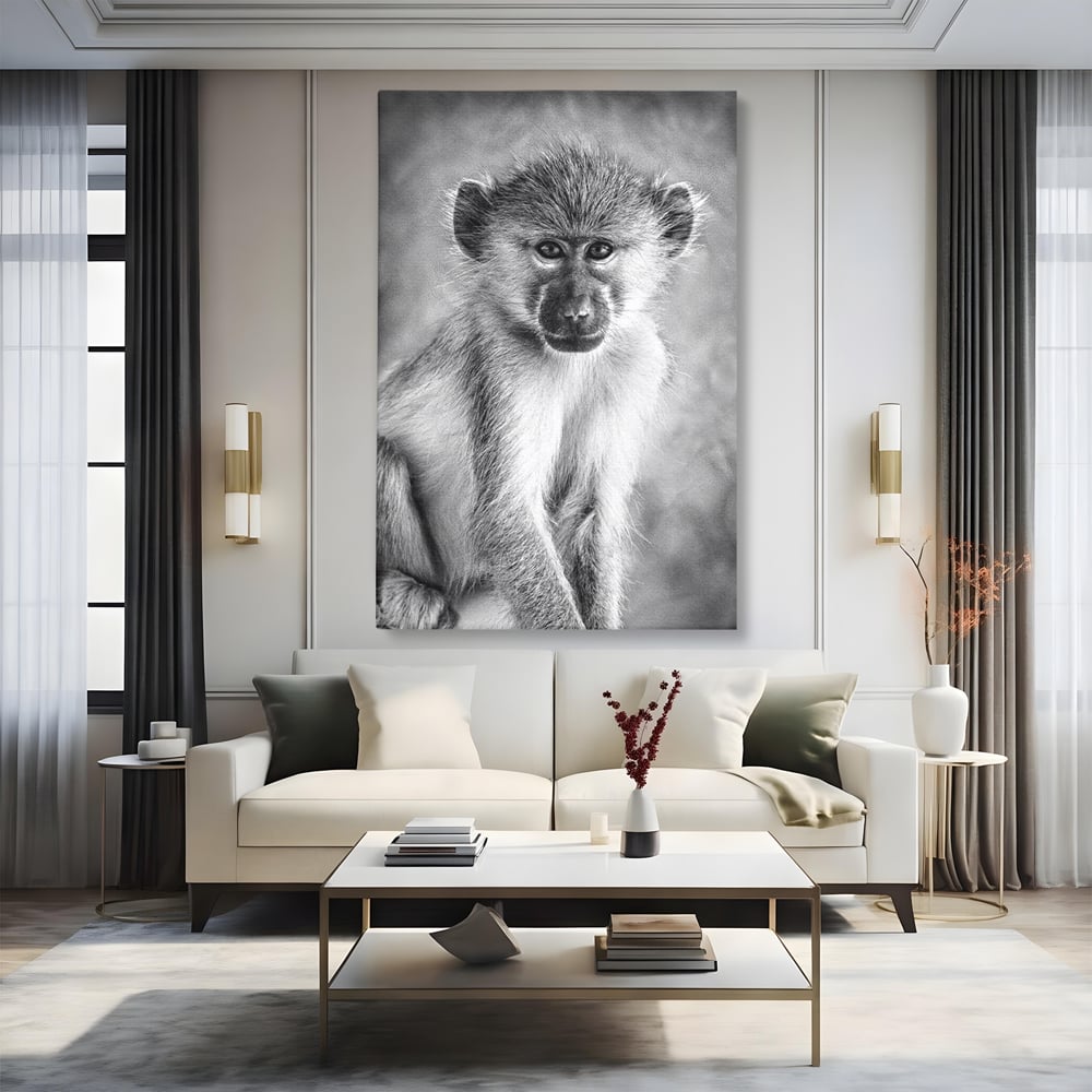 Tablou Canvas Premium, LuxCanva® M1329, Micul Gardian al Savanei, Maimuta, Alb si Negru, Jungla, Chip, Primata, Inocenta, Realist, Animal, Fotografie, Birou, Living, Camera Copil