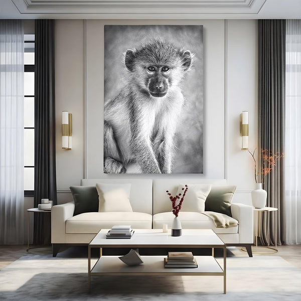 Tablou Canvas Premium, LuxCanva® M1329, Micul Gardian al Savanei, Maimuta, Alb si Negru, Jungla, Chip, Primata, Inocenta, Realist, Animal, Fotografie, Birou, Living, Camera Copil