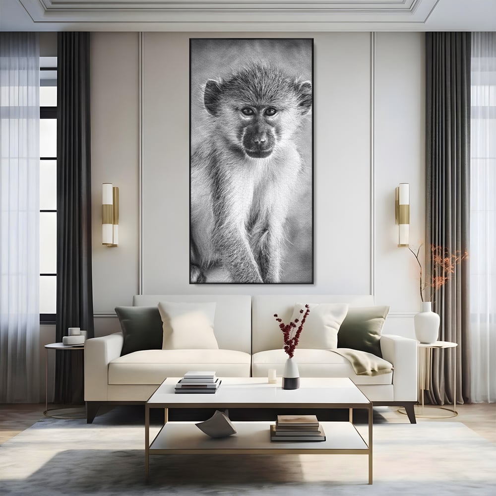Tablou Canvas Premium, LuxCanva® M1329, Micul Gardian al Savanei, Maimuta, Alb si Negru, Jungla, Chip, Primata, Inocenta, Realist, Animal, Fotografie, Birou, Living, Camera Copil