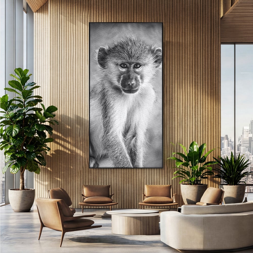 Tablou Canvas Premium, LuxCanva® M1329, Micul Gardian al Savanei, Maimuta, Alb si Negru, Jungla, Chip, Primata, Inocenta, Realist, Animal, Fotografie, Birou, Living, Camera Copil