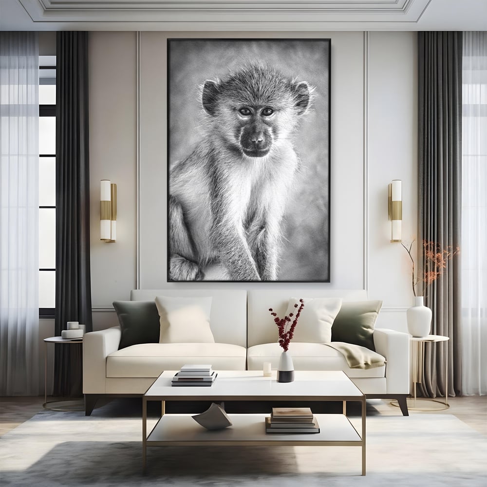Tablou Canvas Premium, LuxCanva® M1329, Micul Gardian al Savanei, Maimuta, Alb si Negru, Jungla, Chip, Primata, Inocenta, Realist, Animal, Fotografie, Birou, Living, Camera Copil