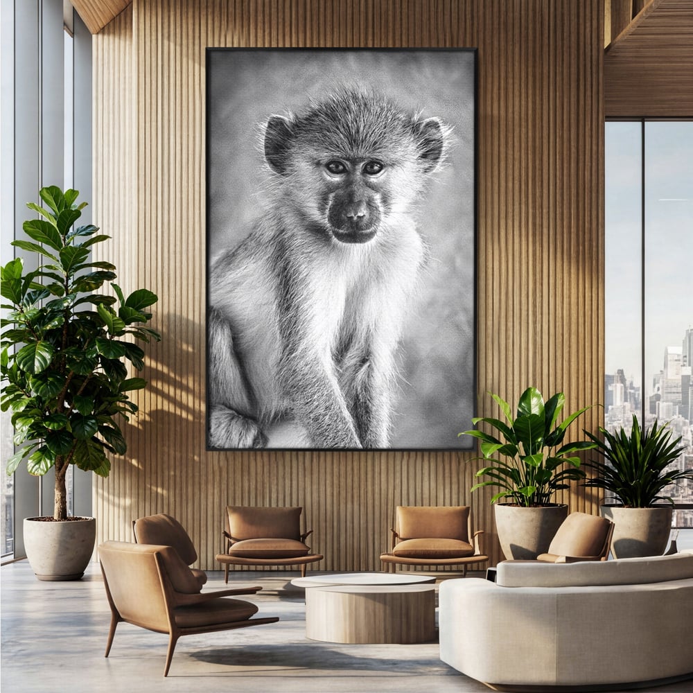 Tablou Canvas Premium, LuxCanva® M1329, Micul Gardian al Savanei, Maimuta, Alb si Negru, Jungla, Chip, Primata, Inocenta, Realist, Animal, Fotografie, Birou, Living, Camera Copil
