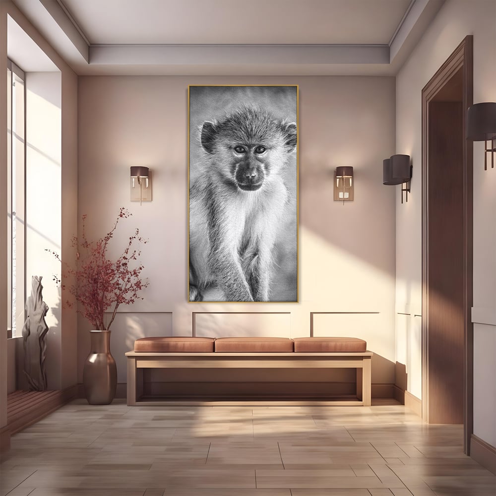 Tablou Canvas Premium, LuxCanva® M1329, Micul Gardian al Savanei, Maimuta, Alb si Negru, Jungla, Chip, Primata, Inocenta, Realist, Animal, Fotografie, Birou, Living, Camera Copil