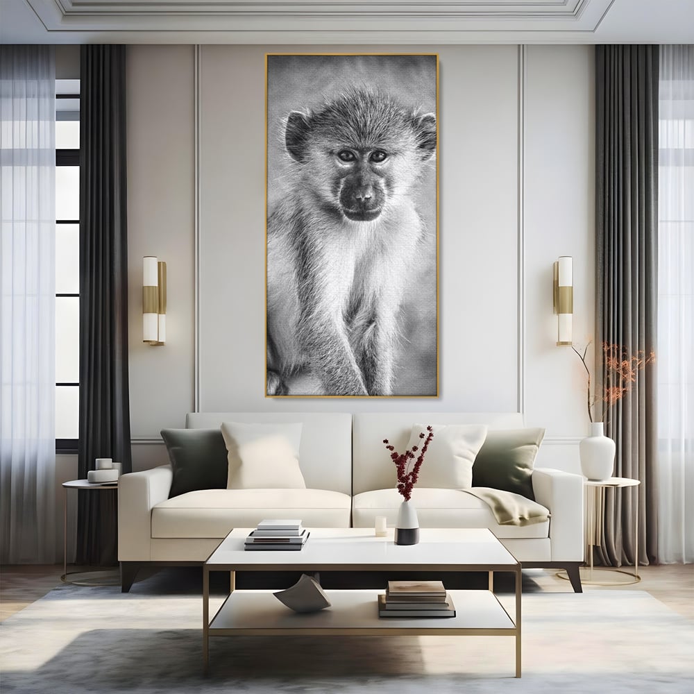 Tablou Canvas Premium, LuxCanva® M1329, Micul Gardian al Savanei, Maimuta, Alb si Negru, Jungla, Chip, Primata, Inocenta, Realist, Animal, Fotografie, Birou, Living, Camera Copil