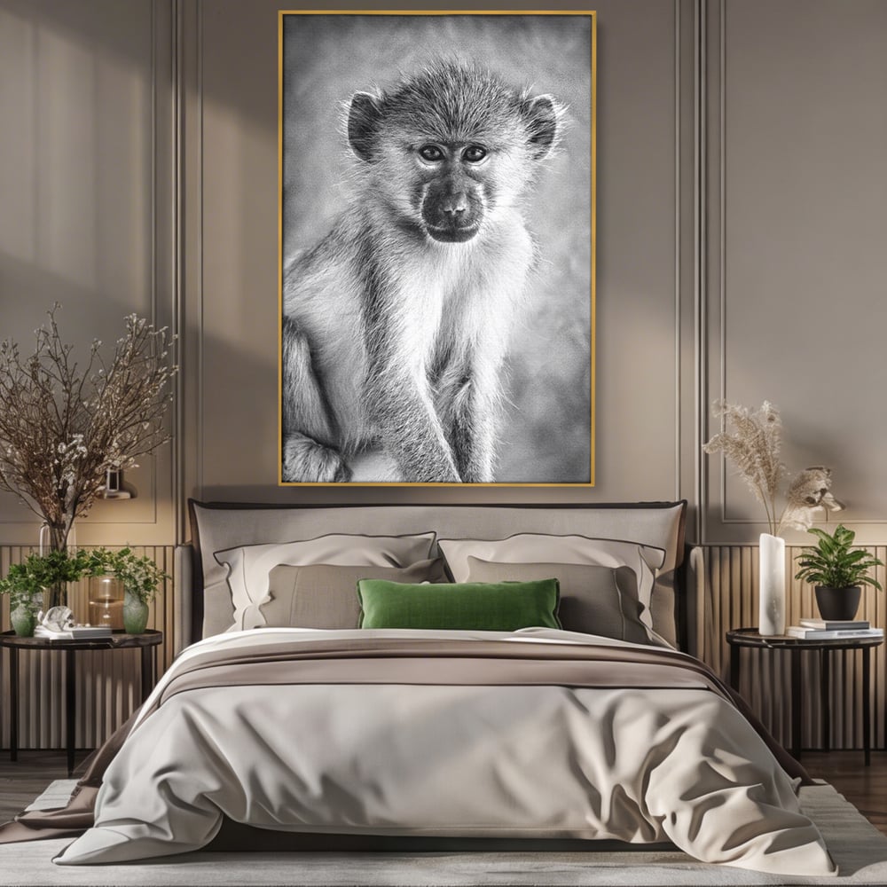 Tablou Canvas Premium, LuxCanva® M1329, Micul Gardian al Savanei, Maimuta, Alb si Negru, Jungla, Chip, Primata, Inocenta, Realist, Animal, Fotografie, Birou, Living, Camera Copil