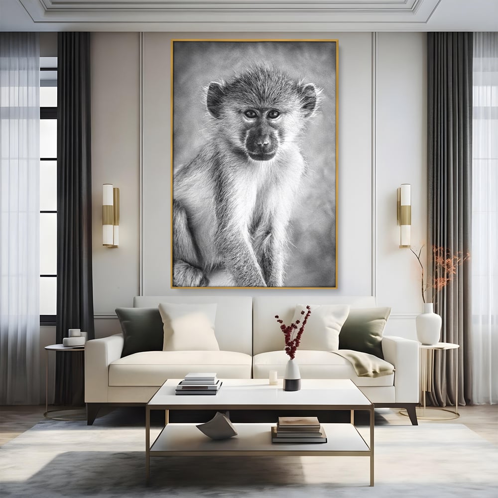Tablou Canvas Premium, LuxCanva® M1329, Micul Gardian al Savanei, Maimuta, Alb si Negru, Jungla, Chip, Primata, Inocenta, Realist, Animal, Fotografie, Birou, Living, Camera Copil