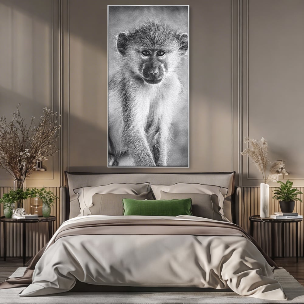 Tablou Canvas Premium, LuxCanva® M1329, Micul Gardian al Savanei, Maimuta, Alb si Negru, Jungla, Chip, Primata, Inocenta, Realist, Animal, Fotografie, Birou, Living, Camera Copil