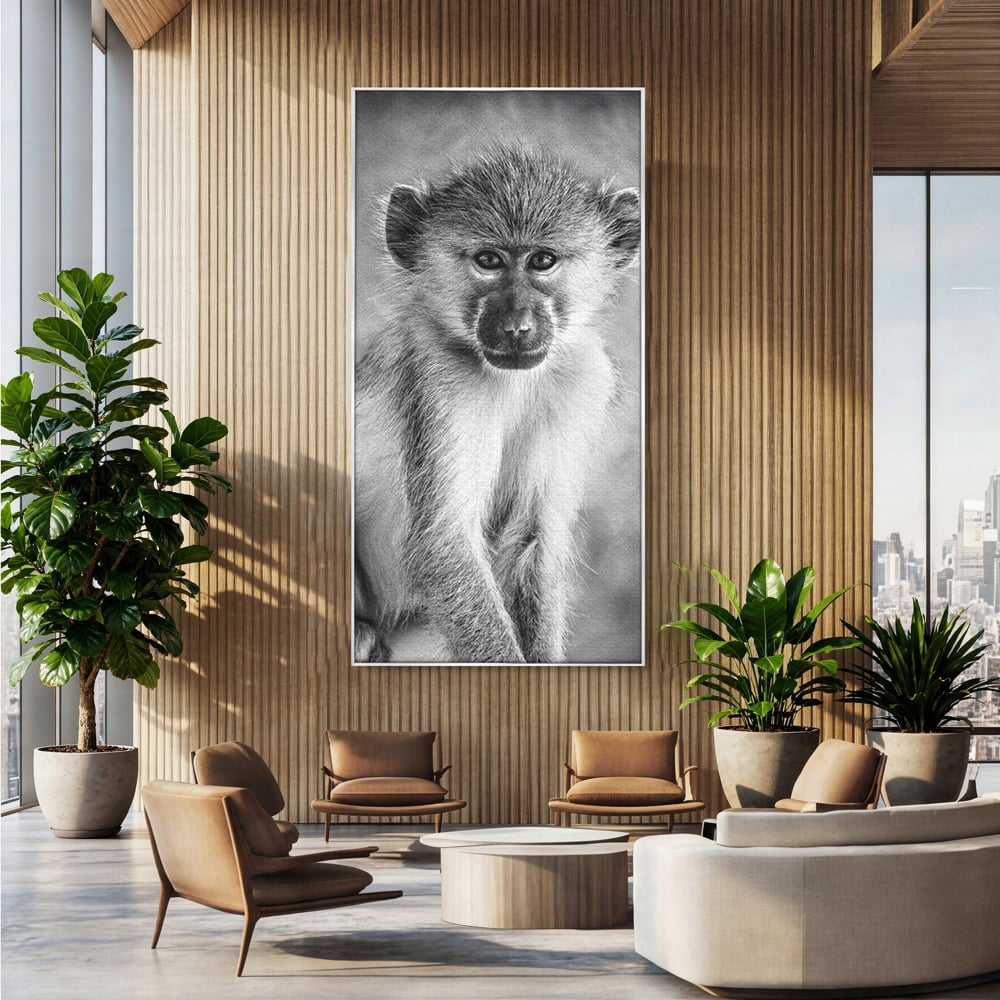 Tablou Canvas Premium, LuxCanva® M1329, Micul Gardian al Savanei, Maimuta, Alb si Negru, Jungla, Chip, Primata, Inocenta, Realist, Animal, Fotografie, Birou, Living, Camera Copil