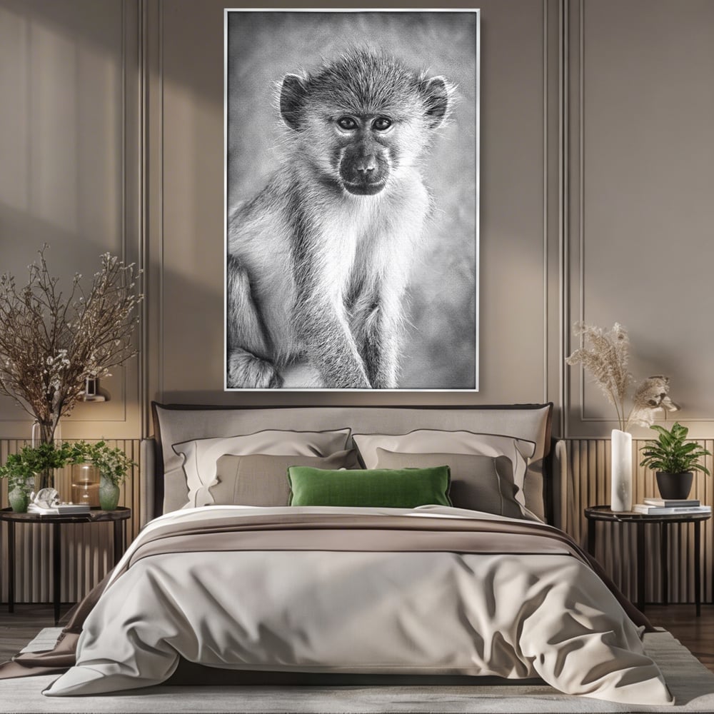 Tablou Canvas Premium, LuxCanva® M1329, Micul Gardian al Savanei, Maimuta, Alb si Negru, Jungla, Chip, Primata, Inocenta, Realist, Animal, Fotografie, Birou, Living, Camera Copil