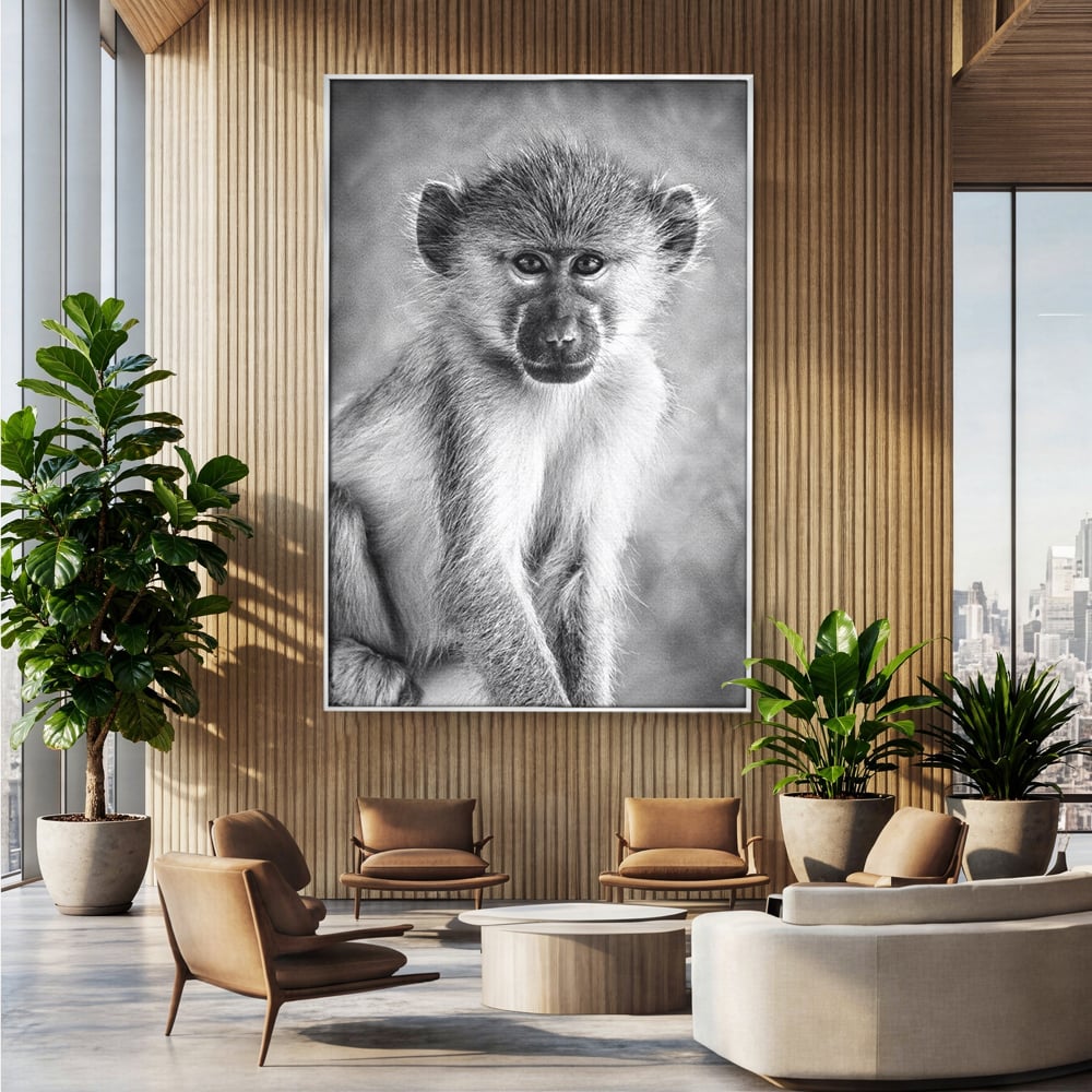 Tablou Canvas Premium, LuxCanva® M1329, Micul Gardian al Savanei, Maimuta, Alb si Negru, Jungla, Chip, Primata, Inocenta, Realist, Animal, Fotografie, Birou, Living, Camera Copil