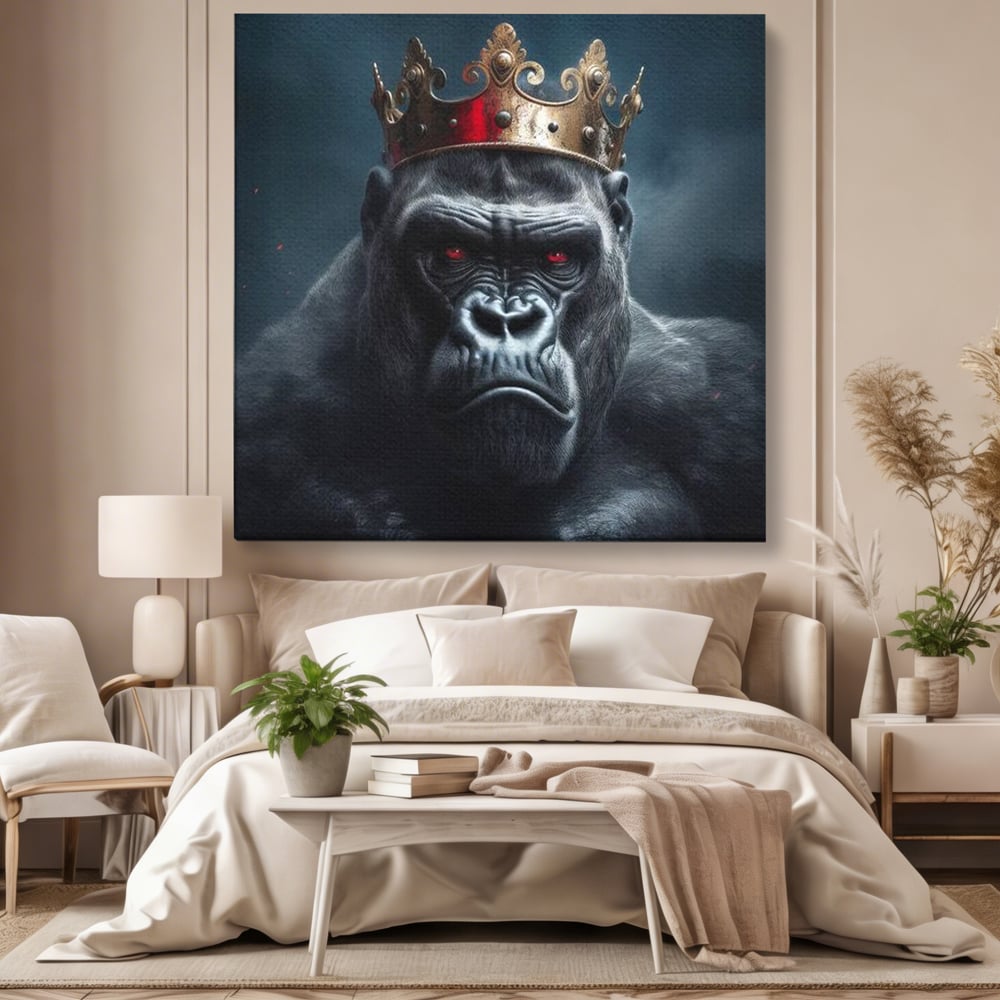 Tablou Canvas Premium, LuxCanva® M1330, Monarhul Junglei, Gorila, Rege, Coroana, Putere, Animal, Conducator, Fioros, Patrat, Auriu, Birou, Living, Camera Copil