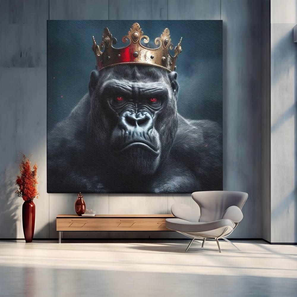Tablou Canvas Premium, LuxCanva® M1330, Monarhul Junglei, Gorila, Rege, Coroana, Putere, Animal, Conducator, Fioros, Patrat, Auriu, Birou, Living, Camera Copil