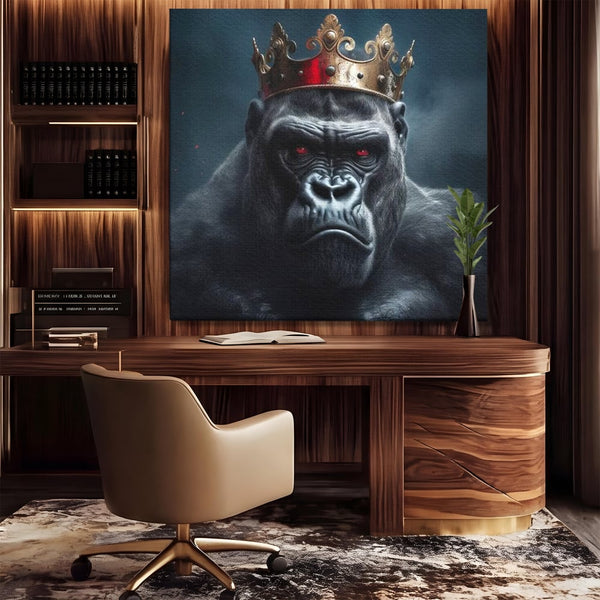 Tablou Canvas Premium, LuxCanva® M1330, Monarhul Junglei, Gorila, Rege, Coroana, Putere, Animal, Conducator, Fioros, Patrat, Auriu, Birou, Living, Camera Copil