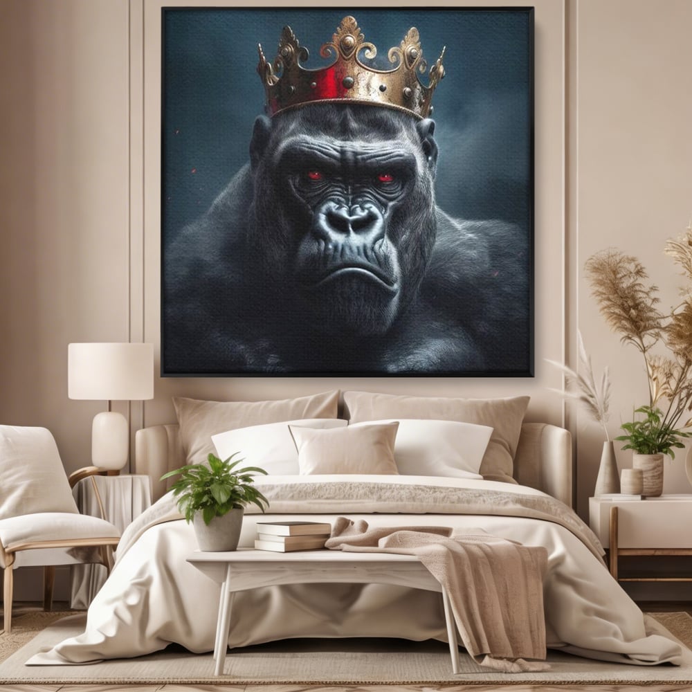 Tablou Canvas Premium, LuxCanva® M1330, Monarhul Junglei, Gorila, Rege, Coroana, Putere, Animal, Conducator, Fioros, Patrat, Auriu, Birou, Living, Camera Copil