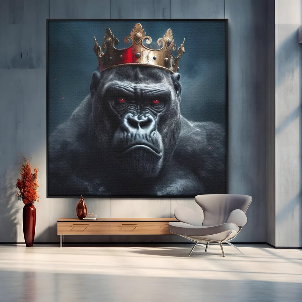 Tablou Canvas Premium, LuxCanva® M1330, Monarhul Junglei, Gorila, Rege, Coroana, Putere, Animal, Conducator, Fioros, Patrat, Auriu, Birou, Living, Camera Copil