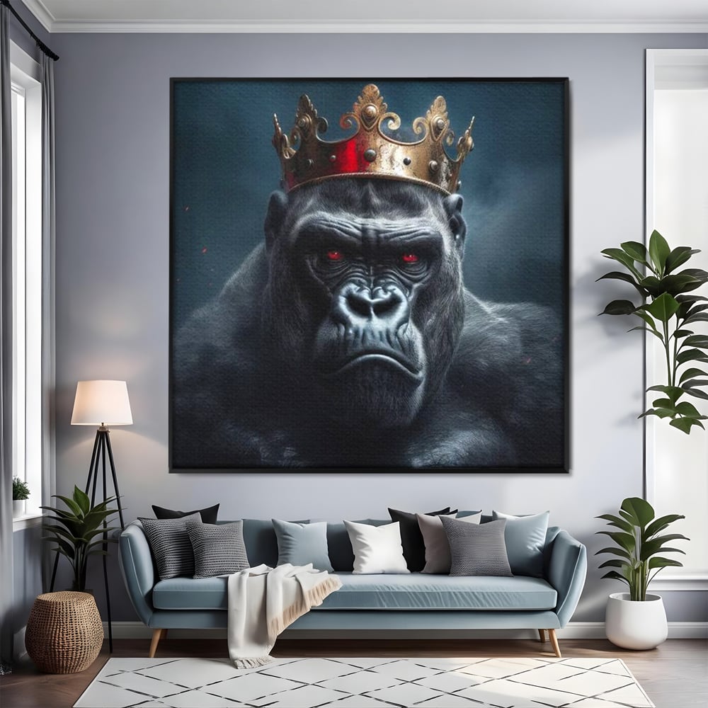Tablou Canvas Premium, LuxCanva® M1330, Monarhul Junglei, Gorila, Rege, Coroana, Putere, Animal, Conducator, Fioros, Patrat, Auriu, Birou, Living, Camera Copil