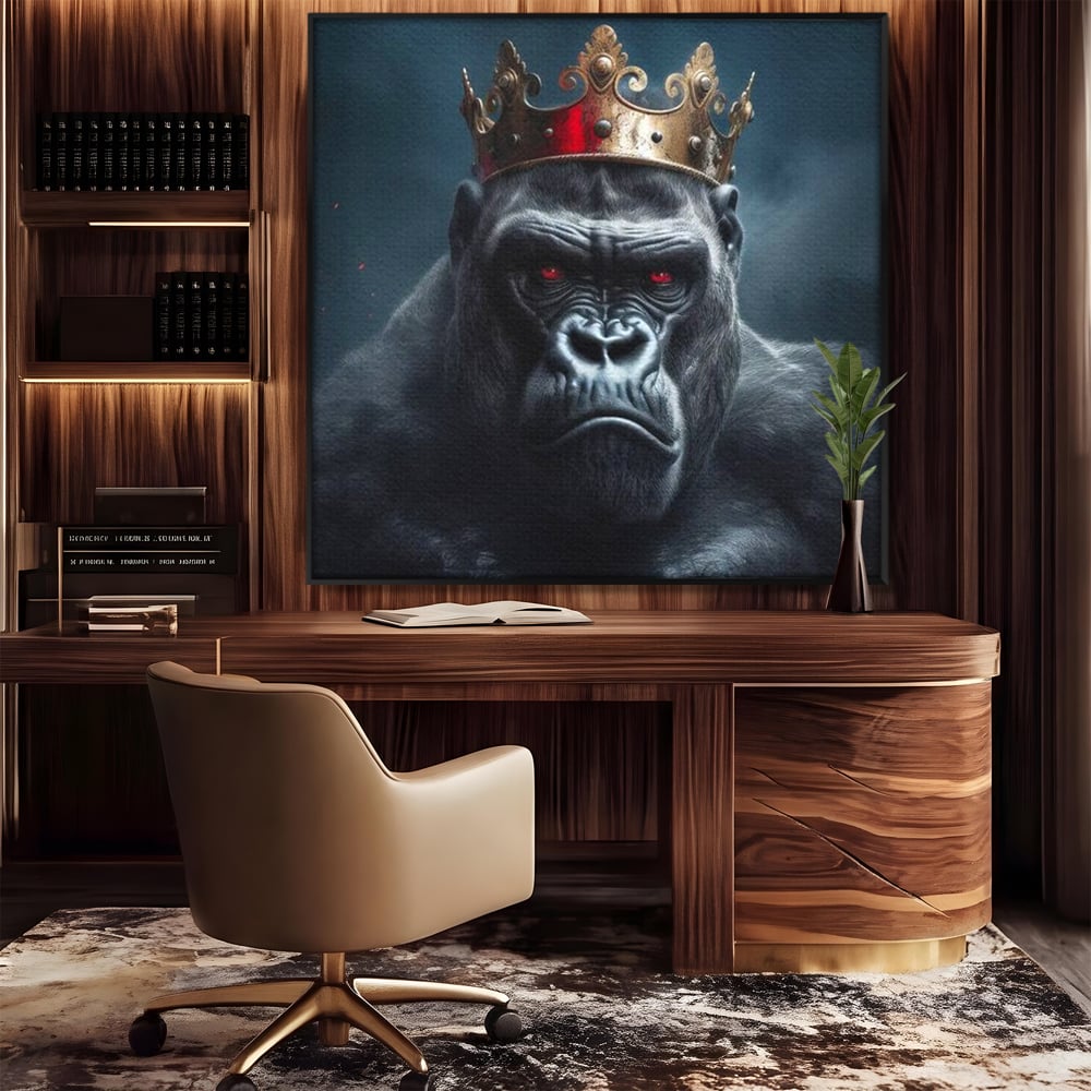 Tablou Canvas Premium, LuxCanva® M1330, Monarhul Junglei, Gorila, Rege, Coroana, Putere, Animal, Conducator, Fioros, Patrat, Auriu, Birou, Living, Camera Copil