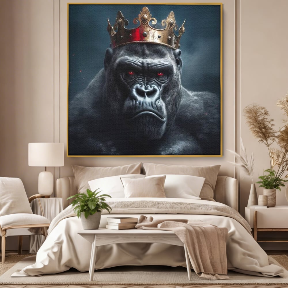 Tablou Canvas Premium, LuxCanva® M1330, Monarhul Junglei, Gorila, Rege, Coroana, Putere, Animal, Conducator, Fioros, Patrat, Auriu, Birou, Living, Camera Copil