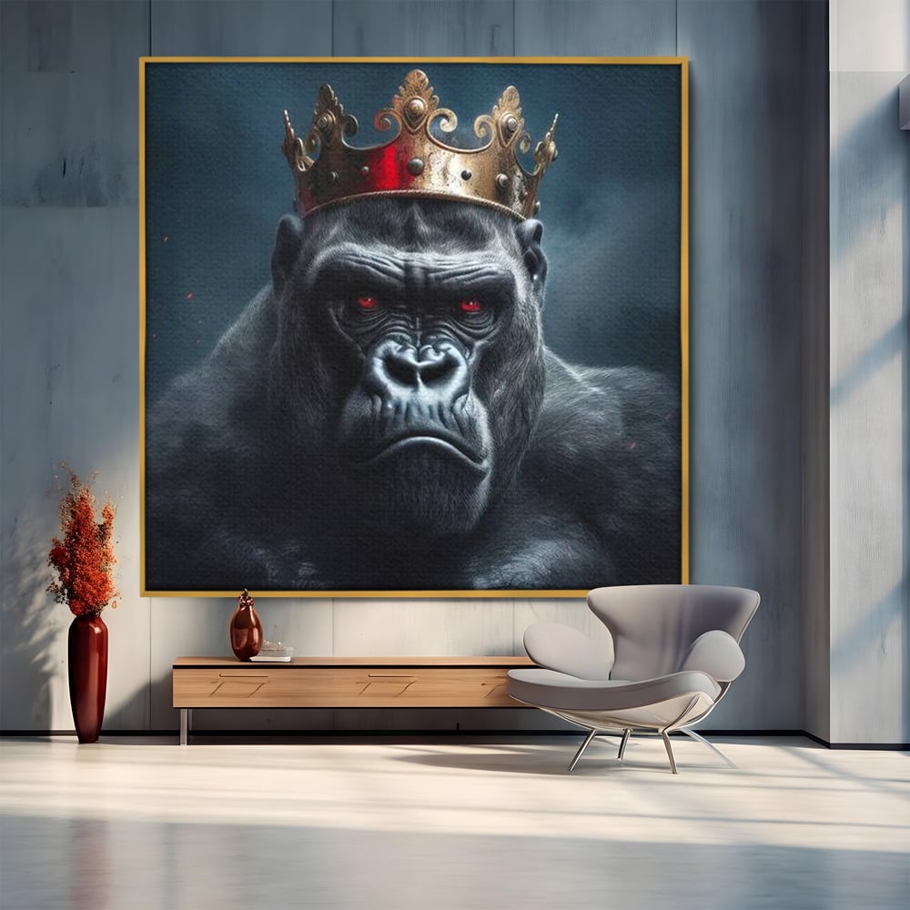 Tablou Canvas Premium, LuxCanva® M1330, Monarhul Junglei, Gorila, Rege, Coroana, Putere, Animal, Conducator, Fioros, Patrat, Auriu, Birou, Living, Camera Copil