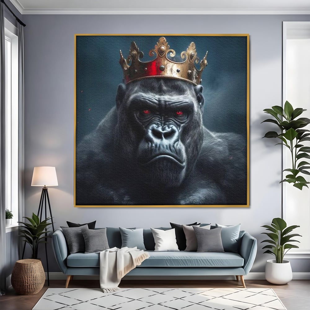 Tablou Canvas Premium, LuxCanva® M1330, Monarhul Junglei, Gorila, Rege, Coroana, Putere, Animal, Conducator, Fioros, Patrat, Auriu, Birou, Living, Camera Copil