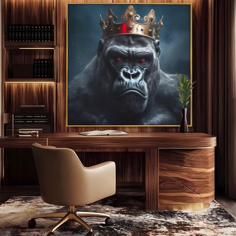 Tablou Canvas Premium, LuxCanva® M1330, Monarhul Junglei, Gorila, Rege, Coroana, Putere, Animal, Conducator, Fioros, Patrat, Auriu, Birou, Living, Camera Copil