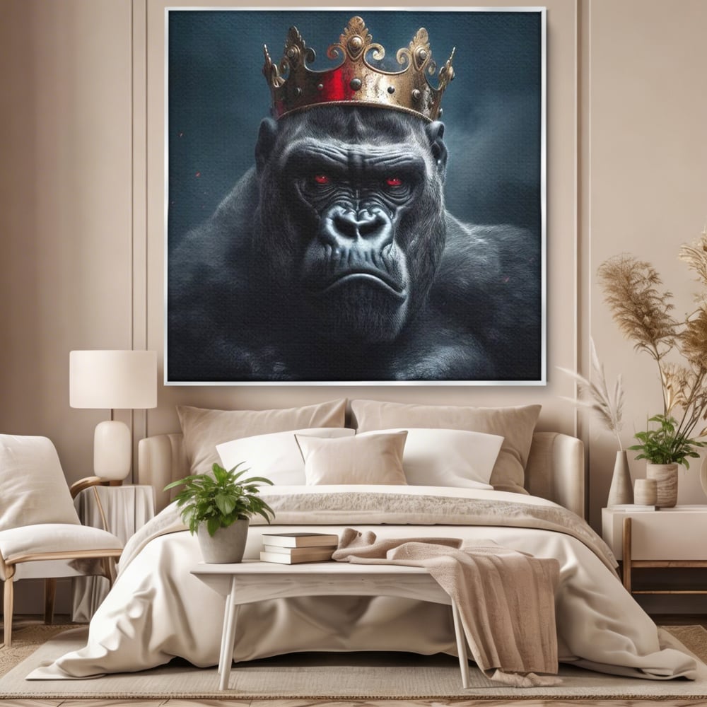 Tablou Canvas Premium, LuxCanva® M1330, Monarhul Junglei, Gorila, Rege, Coroana, Putere, Animal, Conducator, Fioros, Patrat, Auriu, Birou, Living, Camera Copil