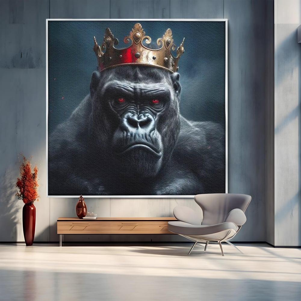 Tablou Canvas Premium, LuxCanva® M1330, Monarhul Junglei, Gorila, Rege, Coroana, Putere, Animal, Conducator, Fioros, Patrat, Auriu, Birou, Living, Camera Copil