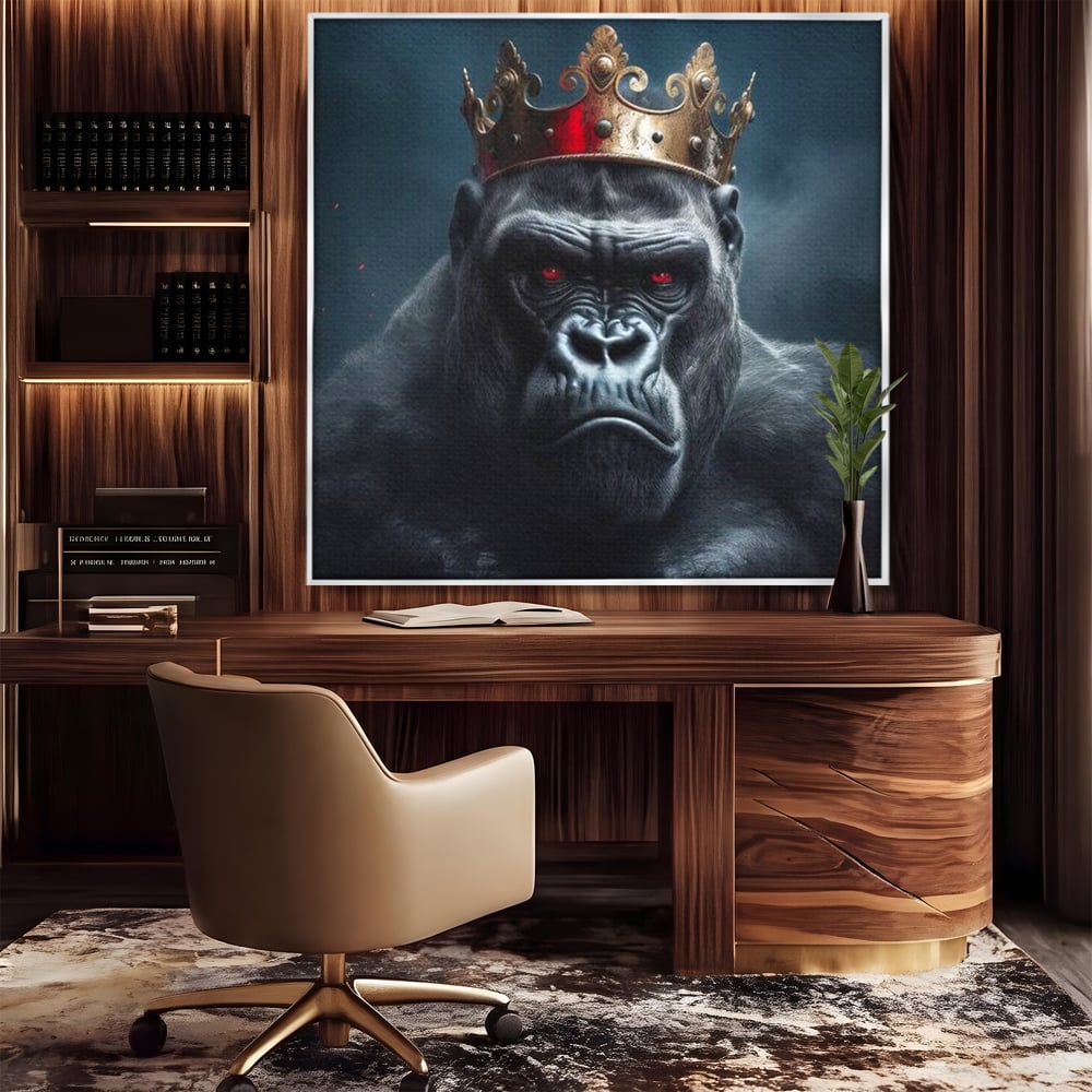 Tablou Canvas Premium, LuxCanva® M1330, Monarhul Junglei, Gorila, Rege, Coroana, Putere, Animal, Conducator, Fioros, Patrat, Auriu, Birou, Living, Camera Copil
