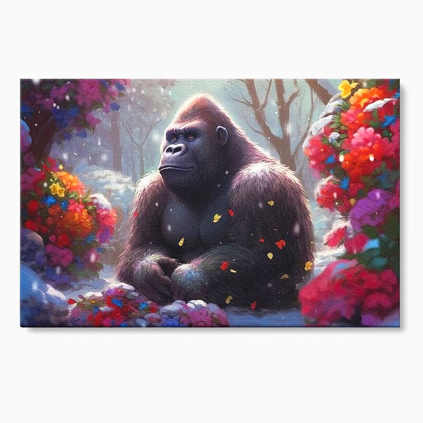 Leinwandbilder Premium, LuxCanva® M1331, Träumender Gorilla, Natur, Wald, Blumen, Winter, Schnee, Frieden, Träumen, Harmonie, Entspannung, Gorilla, Tiere, Büro, Wohnen, Wohnzimmer, Kinderzimmer