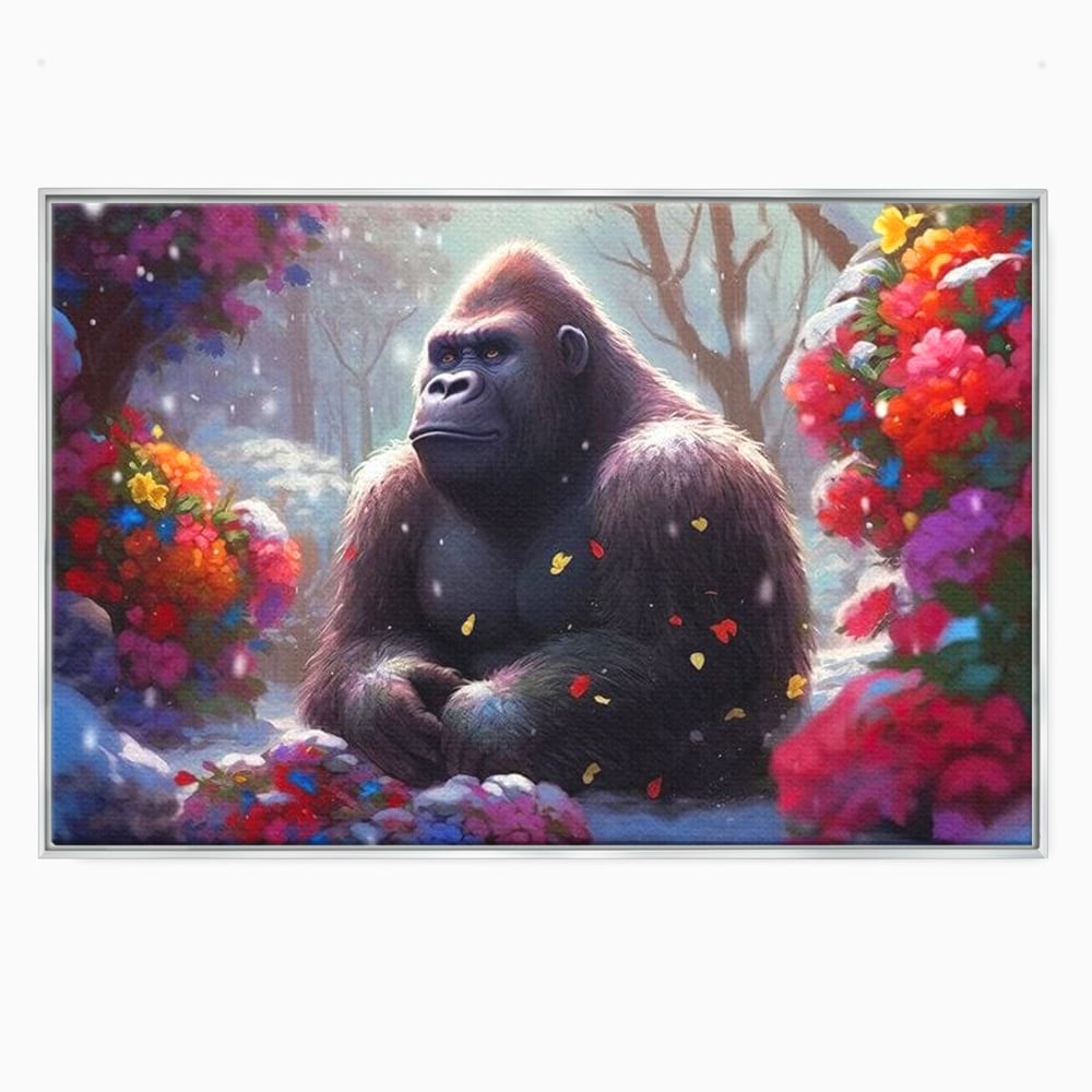 Leinwandbilder Premium, LuxCanva® M1331, Träumender Gorilla, Natur, Wald, Blumen, Winter, Schnee, Frieden, Träumen, Harmonie, Entspannung, Gorilla, Tiere, Büro, Wohnen, Wohnzimmer, Kinderzimmer