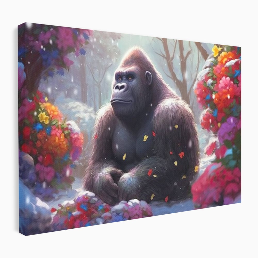 Leinwandbilder Premium, LuxCanva® M1331, Träumender Gorilla, Natur, Wald, Blumen, Winter, Schnee, Frieden, Träumen, Harmonie, Entspannung, Gorilla, Tiere, Büro, Wohnen, Wohnzimmer, Kinderzimmer