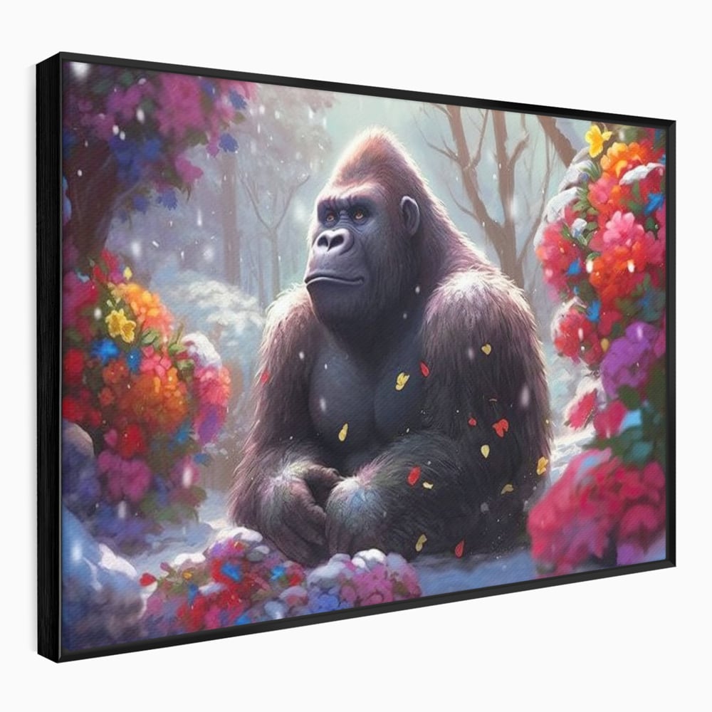Leinwandbilder Premium, LuxCanva® M1331, Träumender Gorilla, Natur, Wald, Blumen, Winter, Schnee, Frieden, Träumen, Harmonie, Entspannung, Gorilla, Tiere, Büro, Wohnen, Wohnzimmer, Kinderzimmer