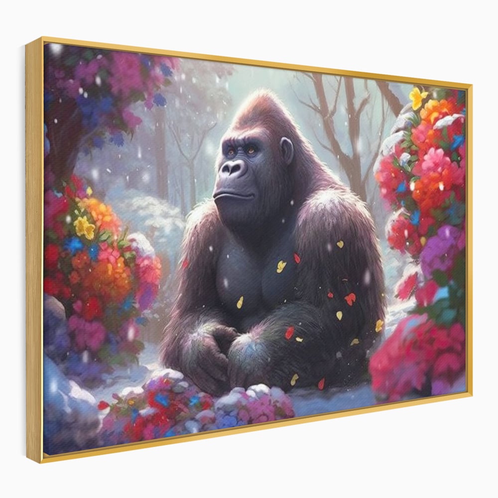 Leinwandbilder Premium, LuxCanva® M1331, Träumender Gorilla, Natur, Wald, Blumen, Winter, Schnee, Frieden, Träumen, Harmonie, Entspannung, Gorilla, Tiere, Büro, Wohnen, Wohnzimmer, Kinderzimmer