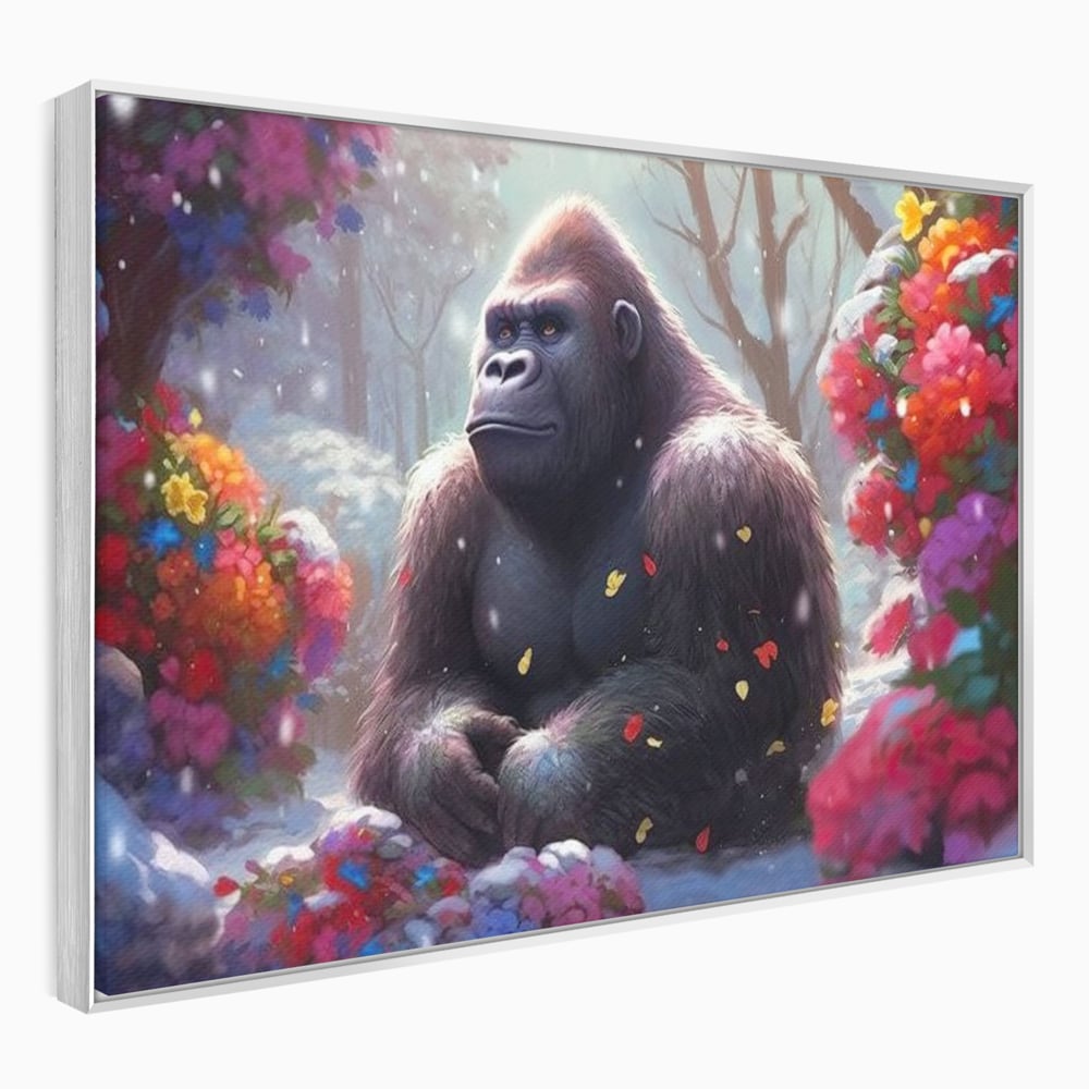 Leinwandbilder Premium, LuxCanva® M1331, Träumender Gorilla, Natur, Wald, Blumen, Winter, Schnee, Frieden, Träumen, Harmonie, Entspannung, Gorilla, Tiere, Büro, Wohnen, Wohnzimmer, Kinderzimmer