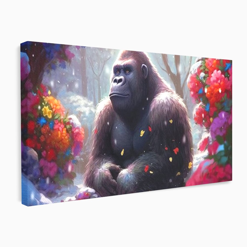 Leinwandbilder Premium, LuxCanva® M1331, Träumender Gorilla, Natur, Wald, Blumen, Winter, Schnee, Frieden, Träumen, Harmonie, Entspannung, Gorilla, Tiere, Büro, Wohnen, Wohnzimmer, Kinderzimmer