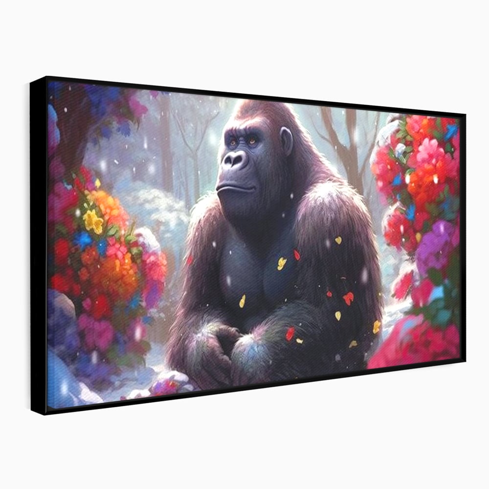 Leinwandbilder Premium, LuxCanva® M1331, Träumender Gorilla, Natur, Wald, Blumen, Winter, Schnee, Frieden, Träumen, Harmonie, Entspannung, Gorilla, Tiere, Büro, Wohnen, Wohnzimmer, Kinderzimmer