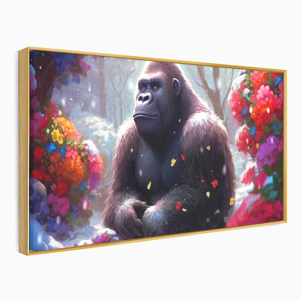 Leinwandbilder Premium, LuxCanva® M1331, Träumender Gorilla, Natur, Wald, Blumen, Winter, Schnee, Frieden, Träumen, Harmonie, Entspannung, Gorilla, Tiere, Büro, Wohnen, Wohnzimmer, Kinderzimmer