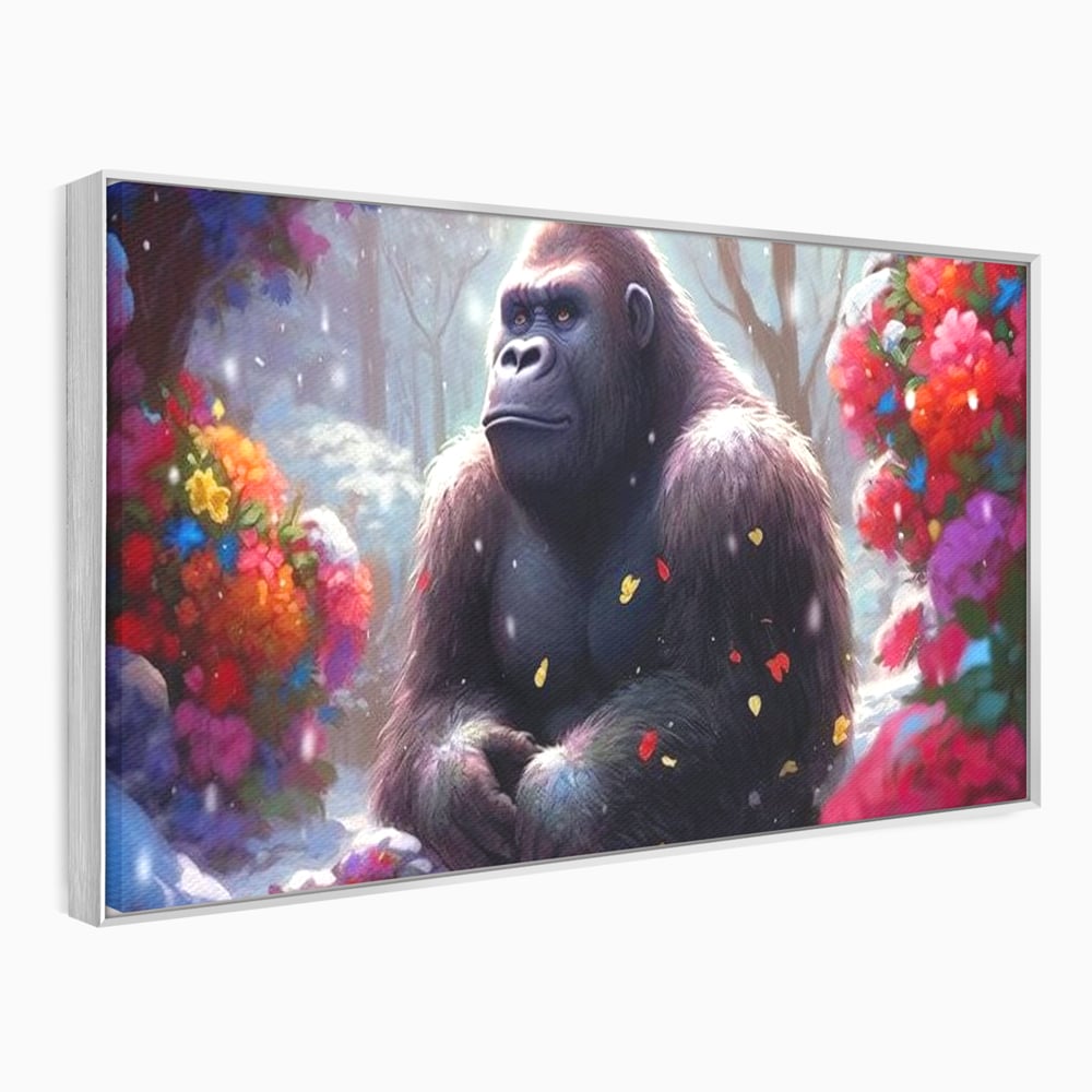 Leinwandbilder Premium, LuxCanva® M1331, Träumender Gorilla, Natur, Wald, Blumen, Winter, Schnee, Frieden, Träumen, Harmonie, Entspannung, Gorilla, Tiere, Büro, Wohnen, Wohnzimmer, Kinderzimmer
