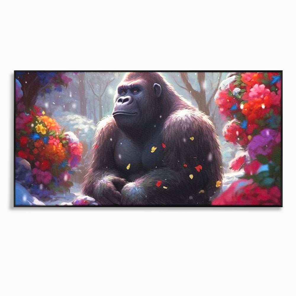 Leinwandbilder Premium, LuxCanva® M1331, Träumender Gorilla, Natur, Wald, Blumen, Winter, Schnee, Frieden, Träumen, Harmonie, Entspannung, Gorilla, Tiere, Büro, Wohnen, Wohnzimmer, Kinderzimmer