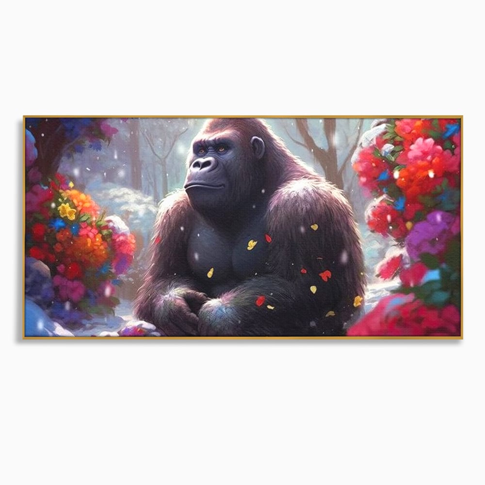 Leinwandbilder Premium, LuxCanva® M1331, Träumender Gorilla, Natur, Wald, Blumen, Winter, Schnee, Frieden, Träumen, Harmonie, Entspannung, Gorilla, Tiere, Büro, Wohnen, Wohnzimmer, Kinderzimmer