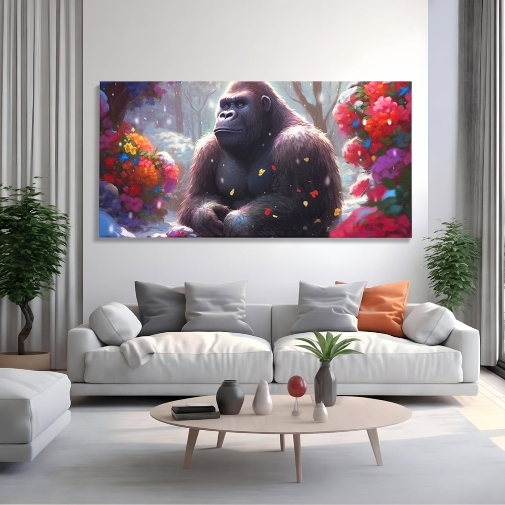 Leinwandbilder Premium, LuxCanva® M1331, Träumender Gorilla, Natur, Wald, Blumen, Winter, Schnee, Frieden, Träumen, Harmonie, Entspannung, Gorilla, Tiere, Büro, Wohnen, Wohnzimmer, Kinderzimmer