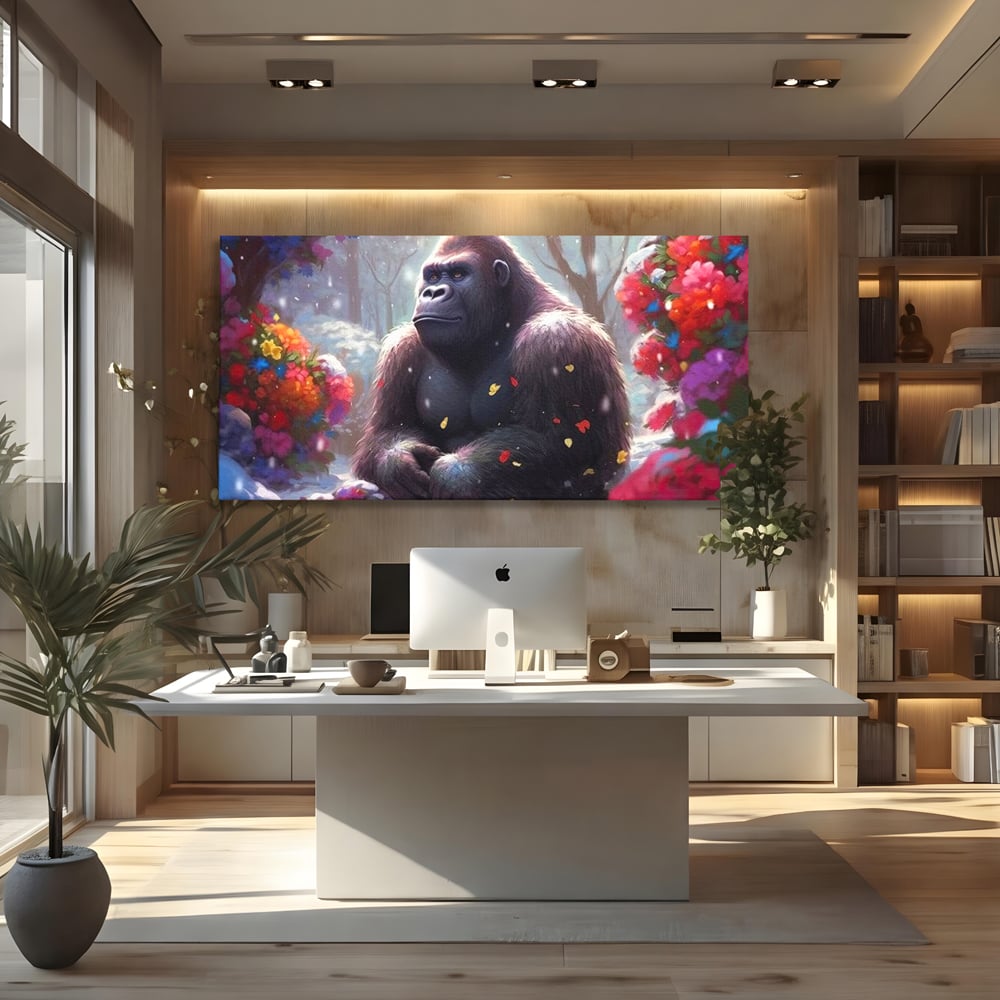 Leinwandbilder Premium, LuxCanva® M1331, Träumender Gorilla, Natur, Wald, Blumen, Winter, Schnee, Frieden, Träumen, Harmonie, Entspannung, Gorilla, Tiere, Büro, Wohnen, Wohnzimmer, Kinderzimmer