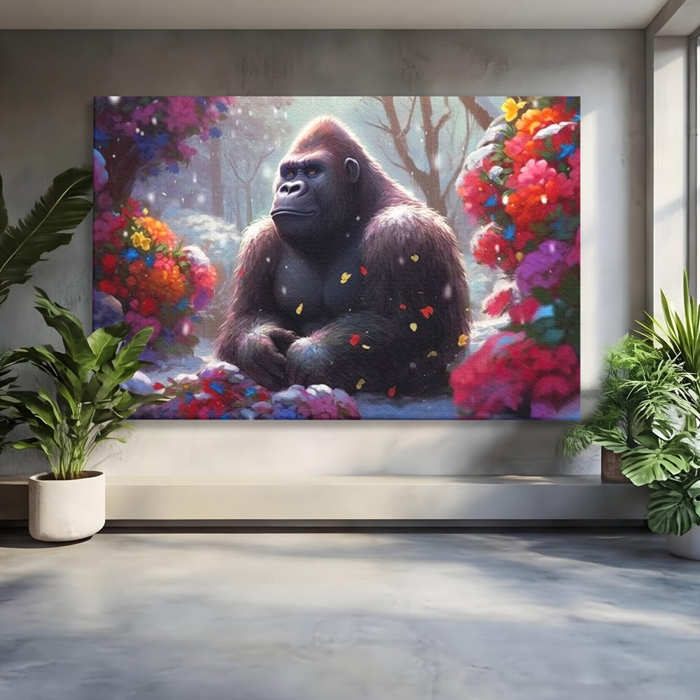 Leinwandbilder Premium, LuxCanva® M1331, Träumender Gorilla, Natur, Wald, Blumen, Winter, Schnee, Frieden, Träumen, Harmonie, Entspannung, Gorilla, Tiere, Büro, Wohnen, Wohnzimmer, Kinderzimmer