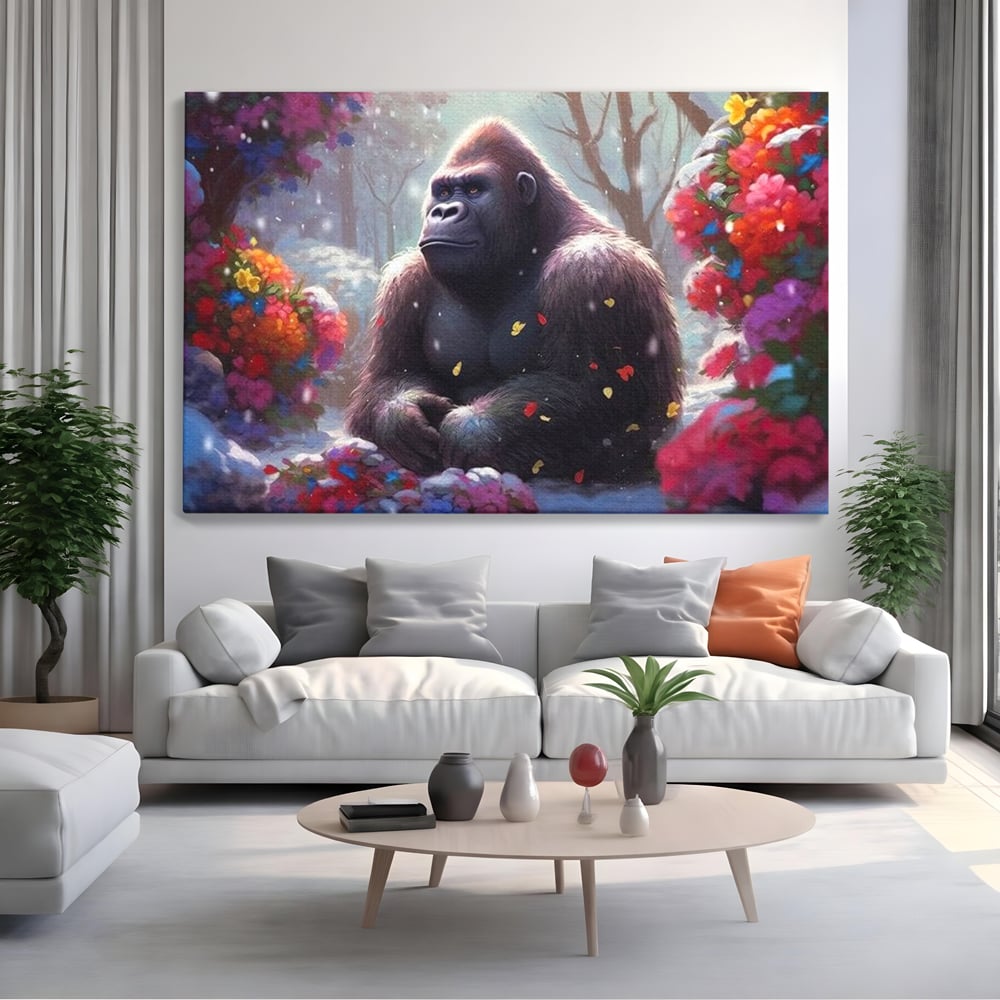 Leinwandbilder Premium, LuxCanva® M1331, Träumender Gorilla, Natur, Wald, Blumen, Winter, Schnee, Frieden, Träumen, Harmonie, Entspannung, Gorilla, Tiere, Büro, Wohnen, Wohnzimmer, Kinderzimmer